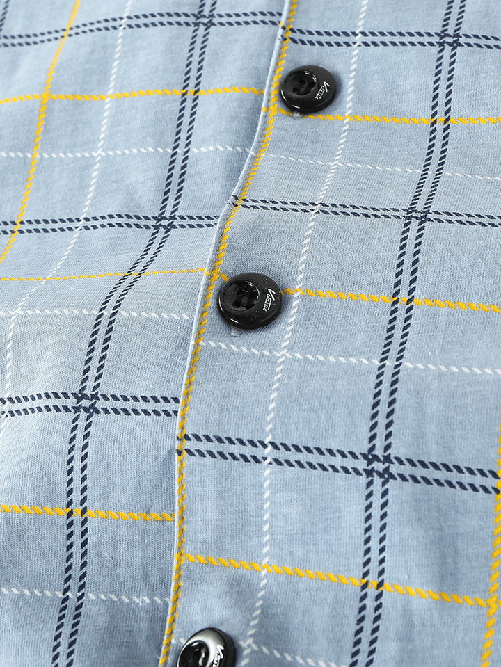 Mens Grid Letter Print Revere Collar Cotton Comfy Pajamas Sets with Pocket - MRSLM