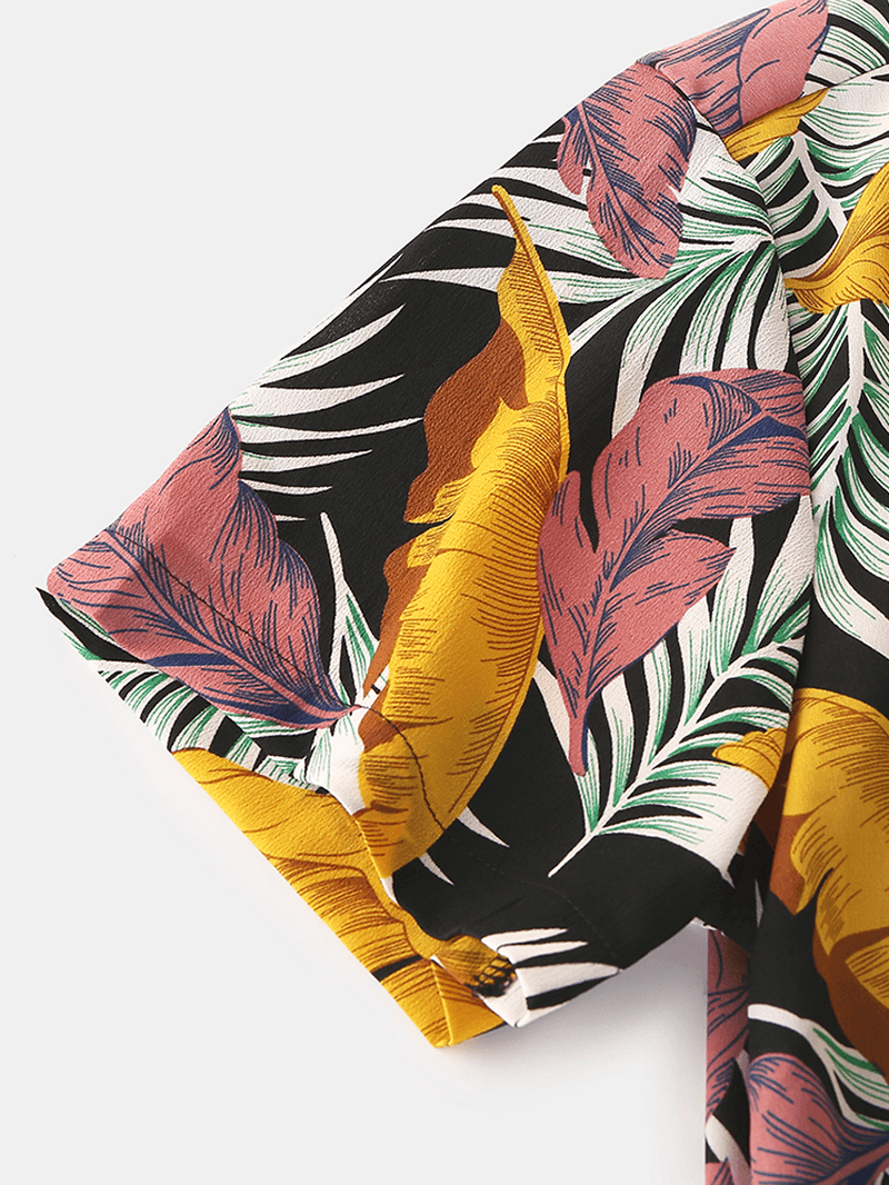 Mens Colorful Tropical Plant Leaves Print Chest Pocket Holiday Beach Short Sleeve Shirts - MRSLM