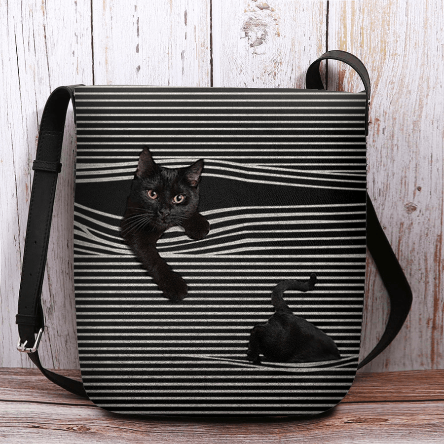 Women Felt Stripe Pattern Three-Dimensional Vision Cat Print Shoulder Bag Crossbody Bag - MRSLM