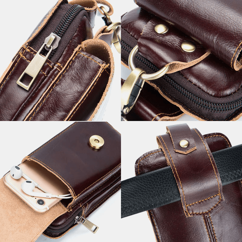 Men Genuine Leather Zipper Hasp Large Capacity Vintage 6.5 Inch Phone Bag Waist Bag - MRSLM
