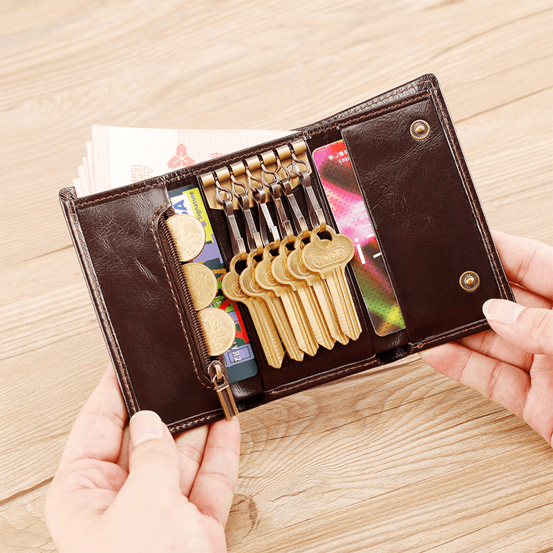 Men Genuine Leather Trifold Keychain Wallet RFID Blocking Multi-Card Slot Card Holder Coin Purse - MRSLM