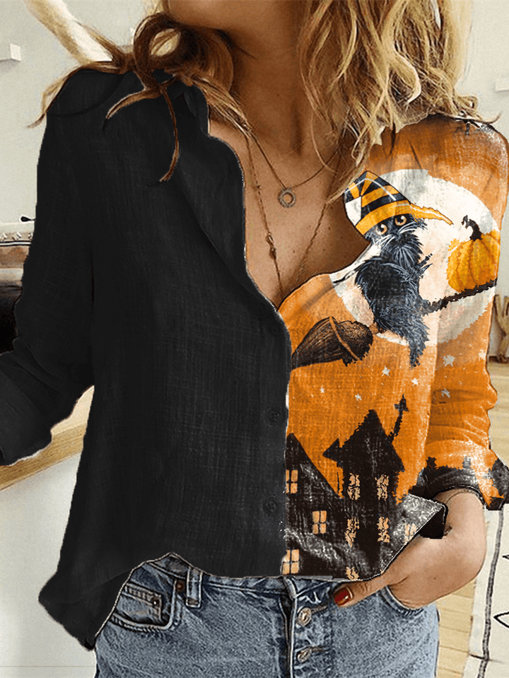 Halloween Printed Long Sleeve Turn-Down Collar Patchwork Shirts for Women - MRSLM