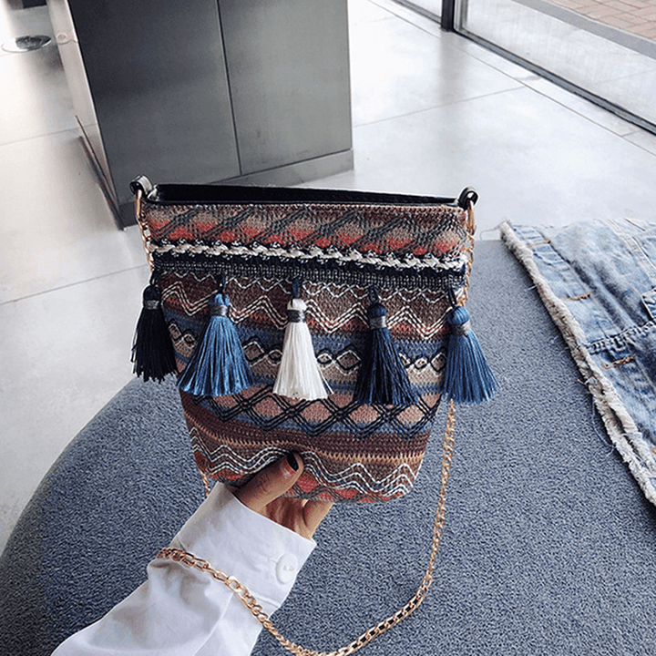 Women Weaving Tassel National Crossbody Bag Chic Bucket Bag - MRSLM