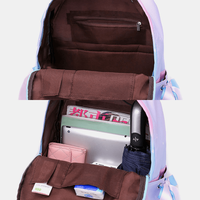Women Oxford Color Gradient Earphone Hole Bowknot Casual Studeng Bag Backpack - MRSLM