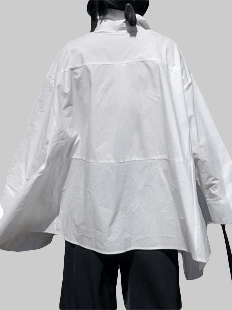 Women's Lapel Pocket Irregular Hem Shirts with Long Sleeves in Solid Colors - MRSLM