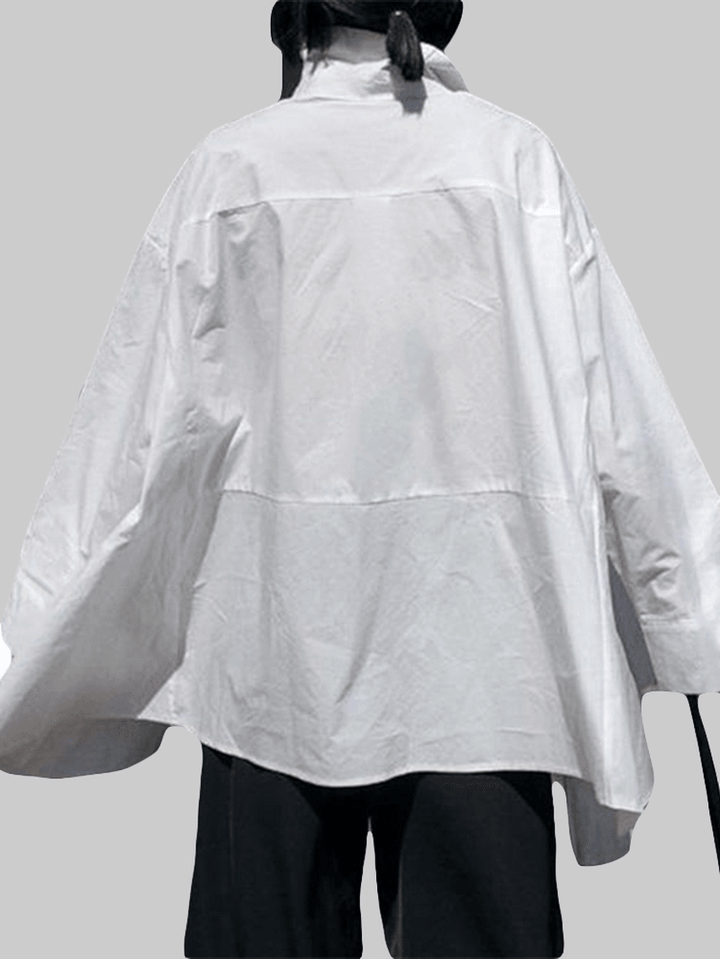 Women's Lapel Pocket Irregular Hem Shirts with Long Sleeves in Solid Colors - MRSLM