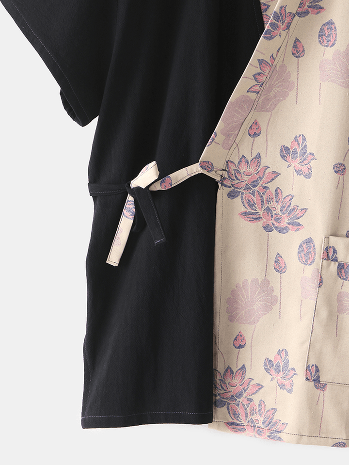 Mens Contrast Color Floral Print Lace-Up Cotton Two-Piece Sauna Bathwear Home Pajamas - MRSLM