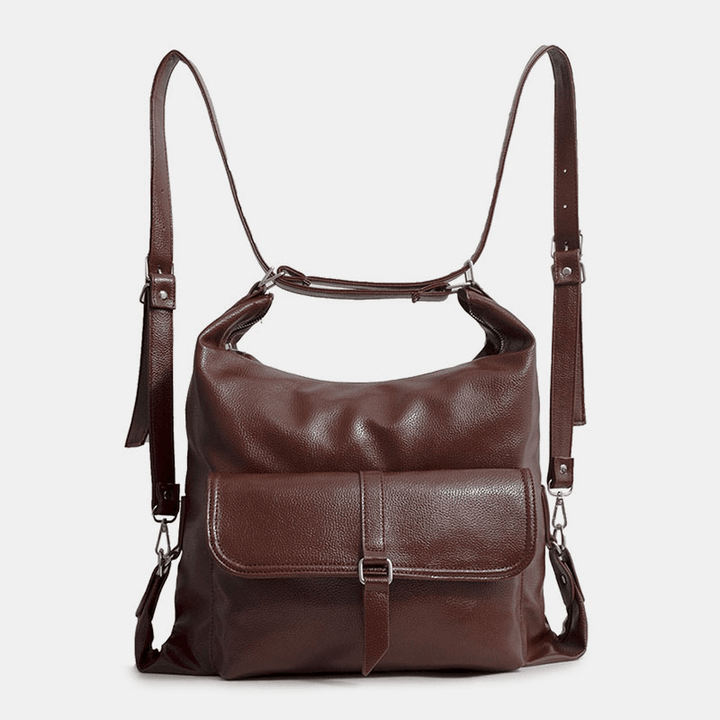 Women Vintage PU Leather Multifunction Large Capacity Backpack Casual Multi-Carry Crossbody Bag - MRSLM