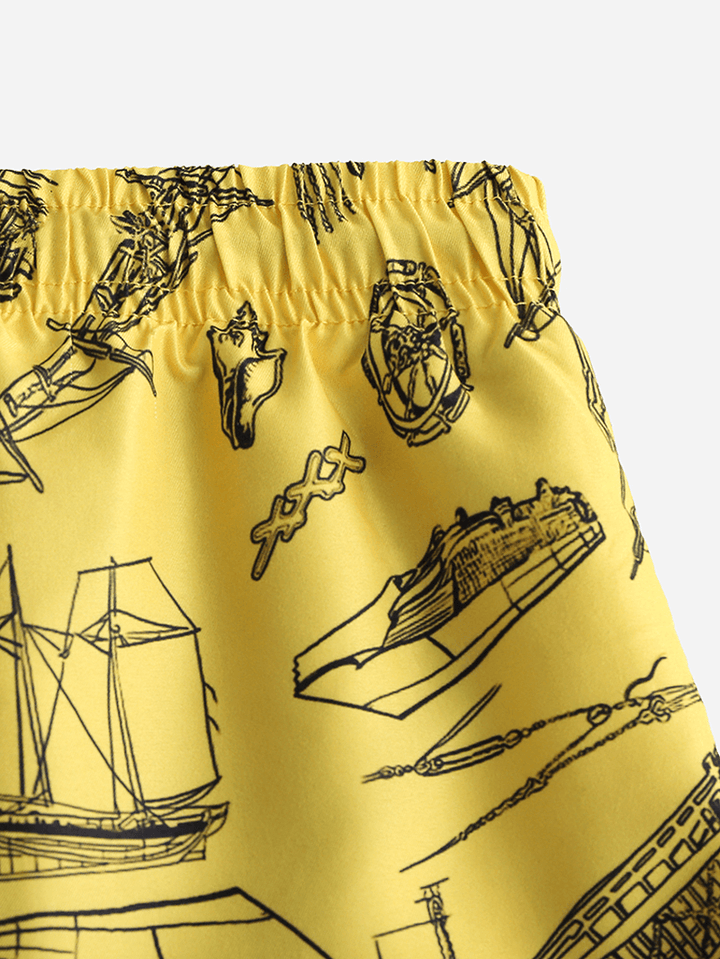 Mens Beach Sea Boat Pattern Digital Printing Brushed Loose Shorts Pants - MRSLM