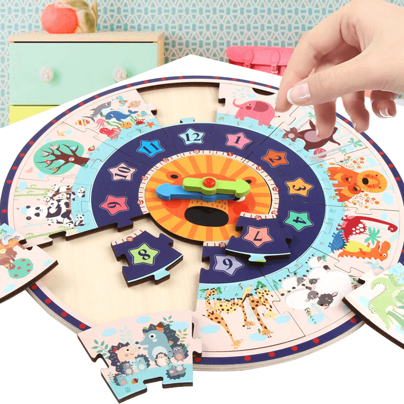 Two-In-One Puzzle Clock Wooden Baby Teaching Resources Toys Children'S Early Education Puzzles Time Learning Desktop Wood Toys Gift - MRSLM