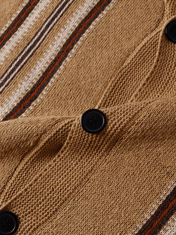 Mens Stripe Button up Lapel Knit Casual Double Pocket Cardigans - MRSLM