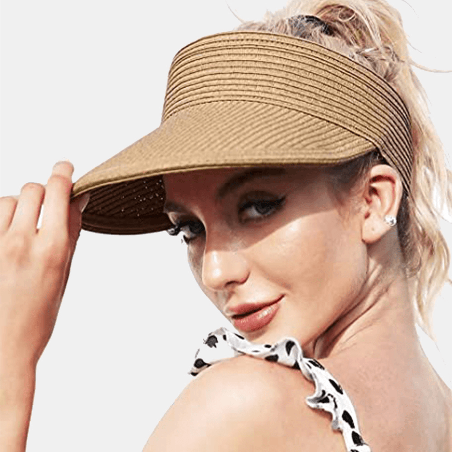 Women Straw Solid Color Empty Top Outdoor Sunscreen Breathable Casual Straw Hat Baseball Cap - MRSLM