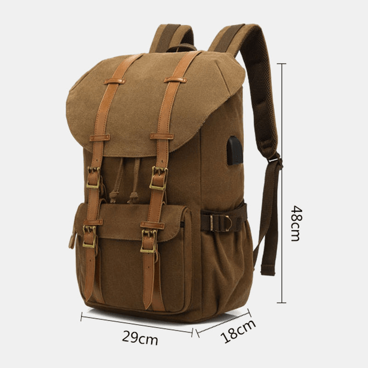 Men Genuine Leather and Canvas USB Charging Retro Travel Outdoor Large Capacity Backpack - MRSLM