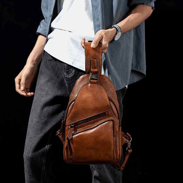 Ekphero Men Multifunction Rub Color Wear-Resistant Chest Bag Vintage PU Leather Large Capacity Crossbody Bags - MRSLM