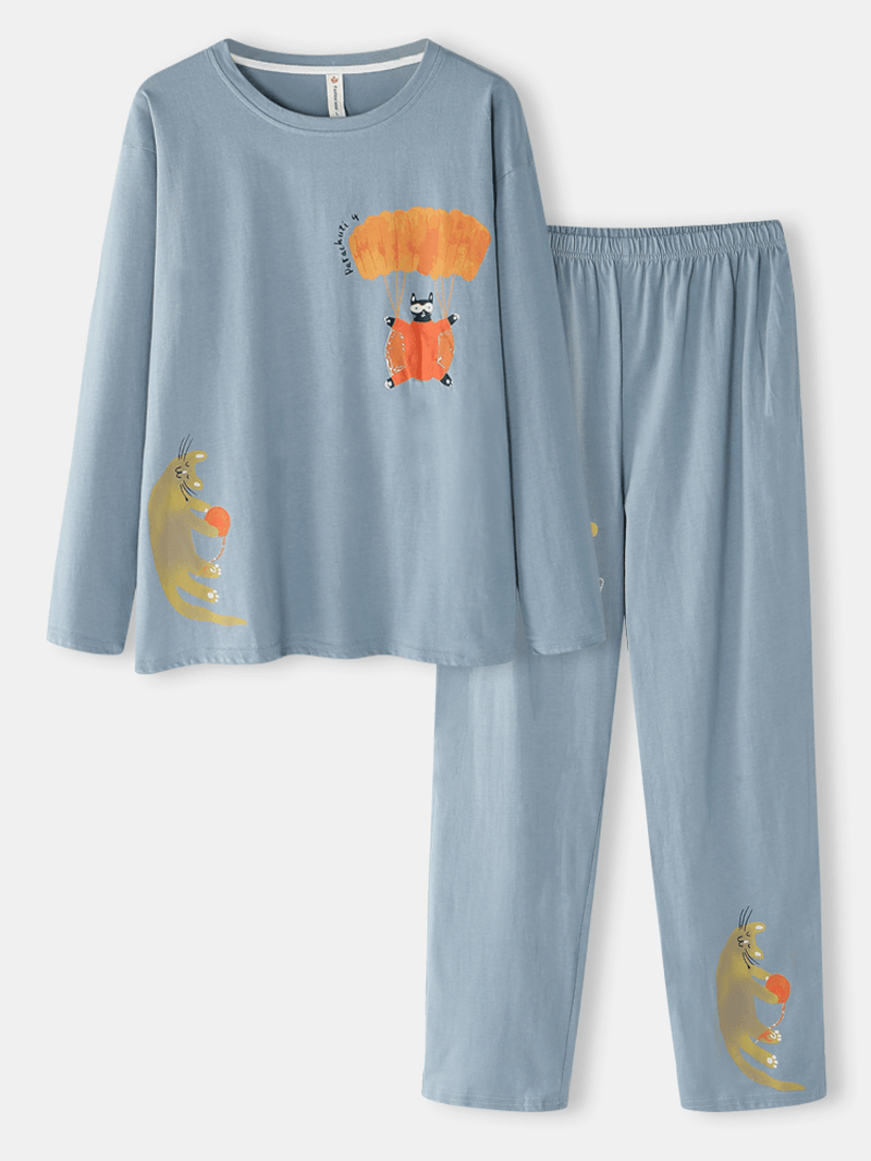 Women Funny Cartoon Cat Print round Neck Pullover Elastic Waist Home Cotton Pajama Set - MRSLM