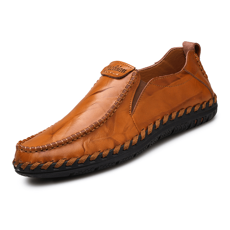 Men Hand Stitching Sfot Leather Non Slip Sole Comfy Slip-On Casual Driving Shoes - MRSLM