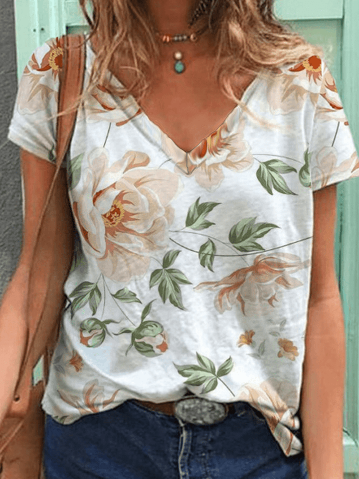 Floral Print V-Neck Short Sleeve Casual T-Shirts for Women - MRSLM