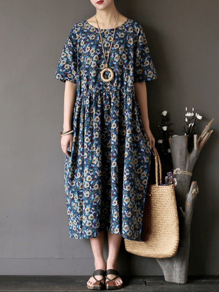 Vintage Floral Printed Short Sleeve Women Dress - MRSLM
