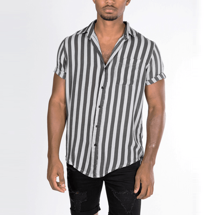 Men Vertical Stripe Turn-Down Collar Short Sleeve Shirts - MRSLM