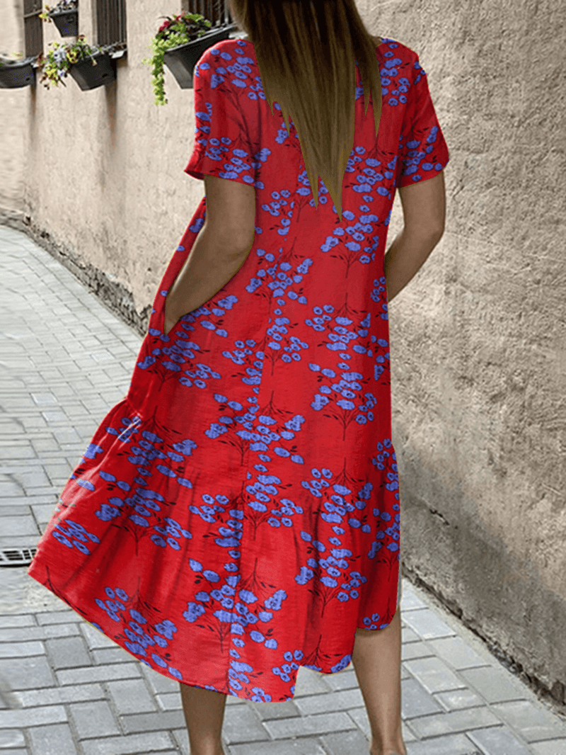 Women Flower Print High Low Hem Casual Short Sleeve Midi Dresses with Pocket - MRSLM