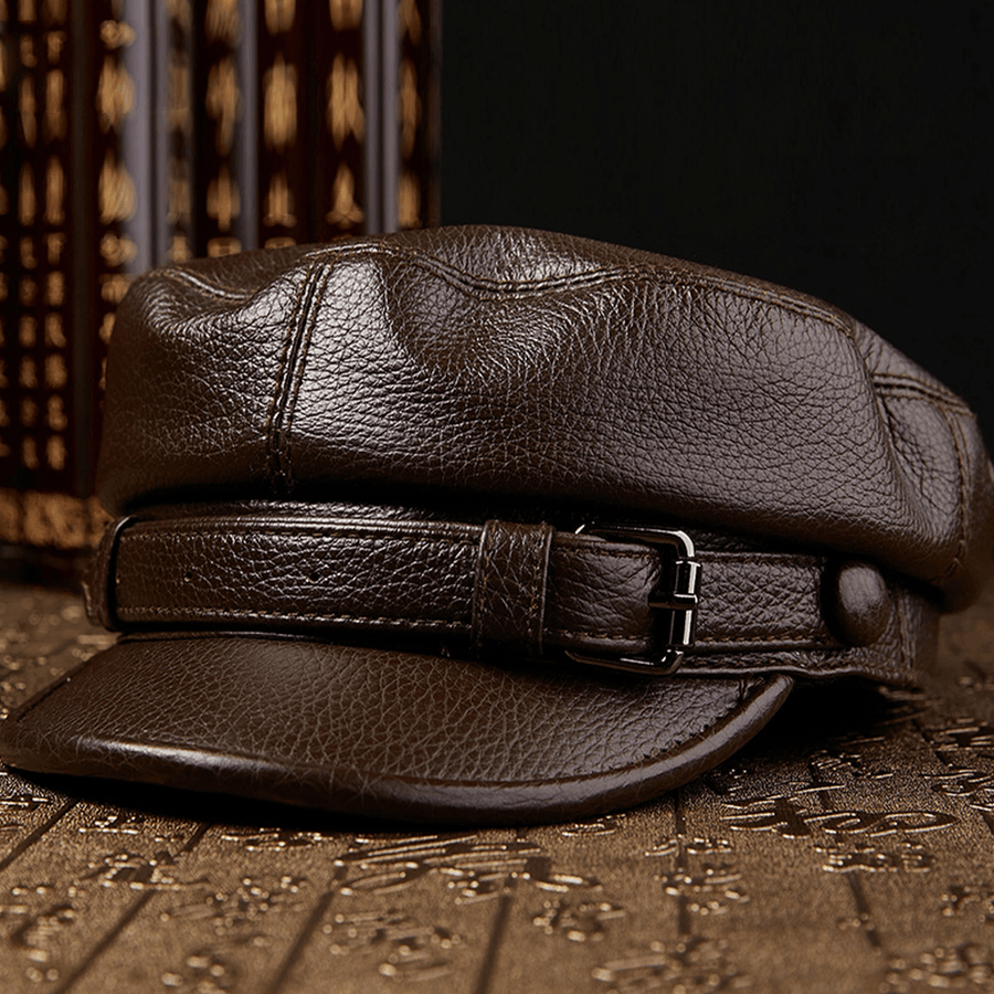 Men Genuine Leather Cowhide Retro Classical Color Military Hat Flat Hat Peaked Cap - MRSLM