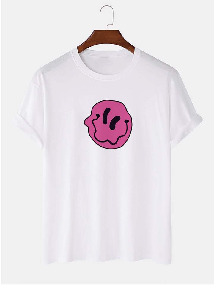 Mens 100% Cotton Smile Emojis Print round Neck Short Sleeve T-Shirts - MRSLM