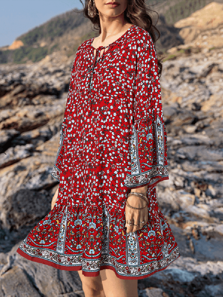 Ethnic Floral Print O-Neck 3/4 Sleeve Ruffles Hem Bohemian Holiday Mini Dress - MRSLM