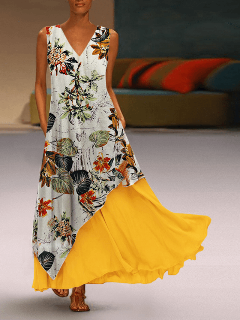 Women Sleeveless Floral Irregular Hem Two-Piece Pocket Dress - MRSLM