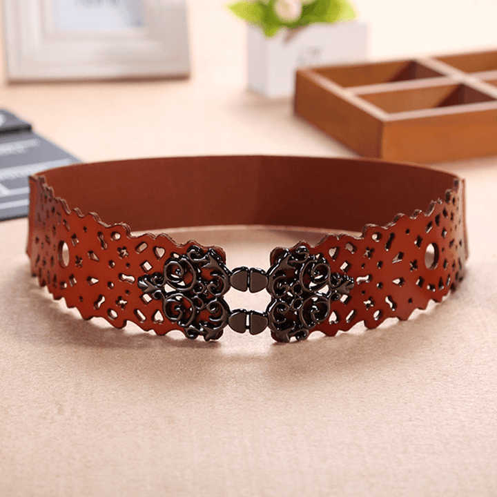 Women First Layer Leather Hollow Belts Elastic Stretchable Metal Button Waistband - MRSLM