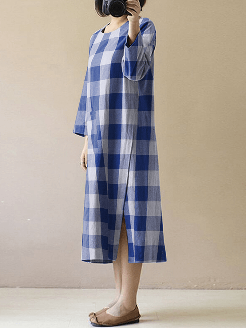Women Vintage Plaid O-Neck Long Sleeve Splited Midi Dress - MRSLM