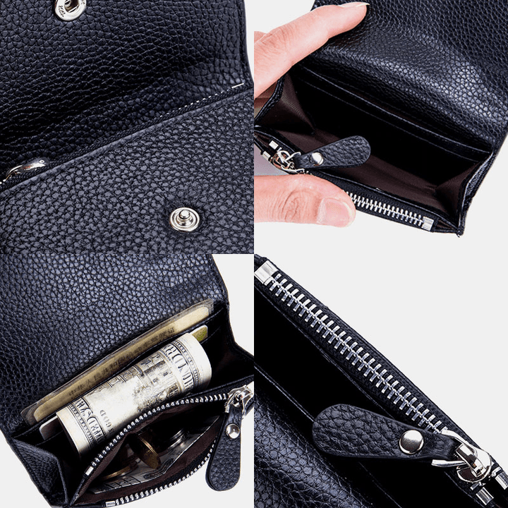 Women Genuine Leather Multifunction Lychee Pattern Coin Bag Small Wallet - MRSLM