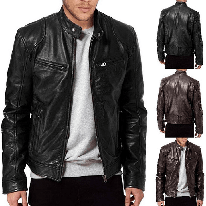 Men'S Zip Cardigan PU Leather Jacket with Stand Collar - MRSLM