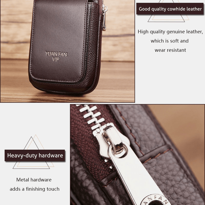 Men Genuine Leather Double Layer Large Capacity Waist Bag Retro Mini 6.5 Inch Phone Bag Belt Bag - MRSLM