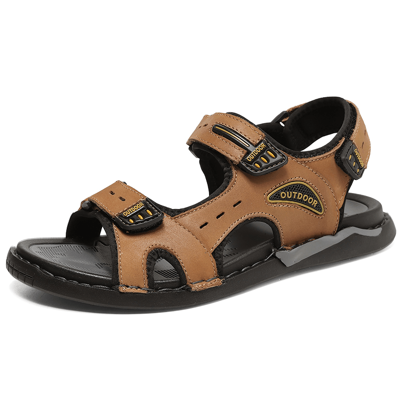 Men Cowhide Leather Breathable Non Slip Opened Beach Casual Outdoor Sandals - MRSLM