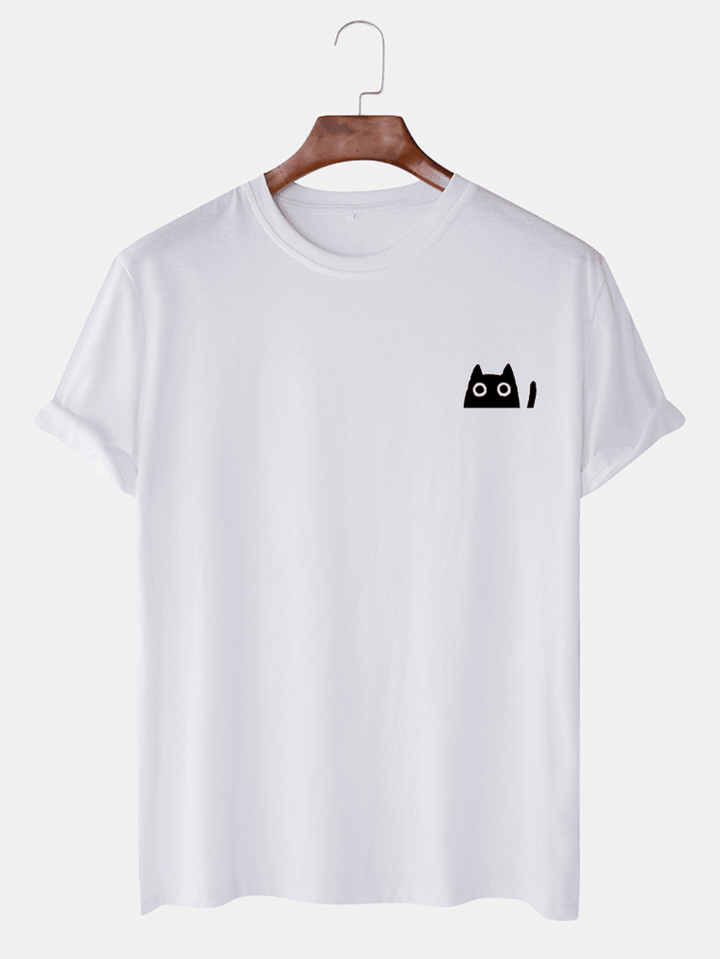 Mens Cute Cat Solid Color Casual O-Neck Short Sleeve T-Shirts - MRSLM