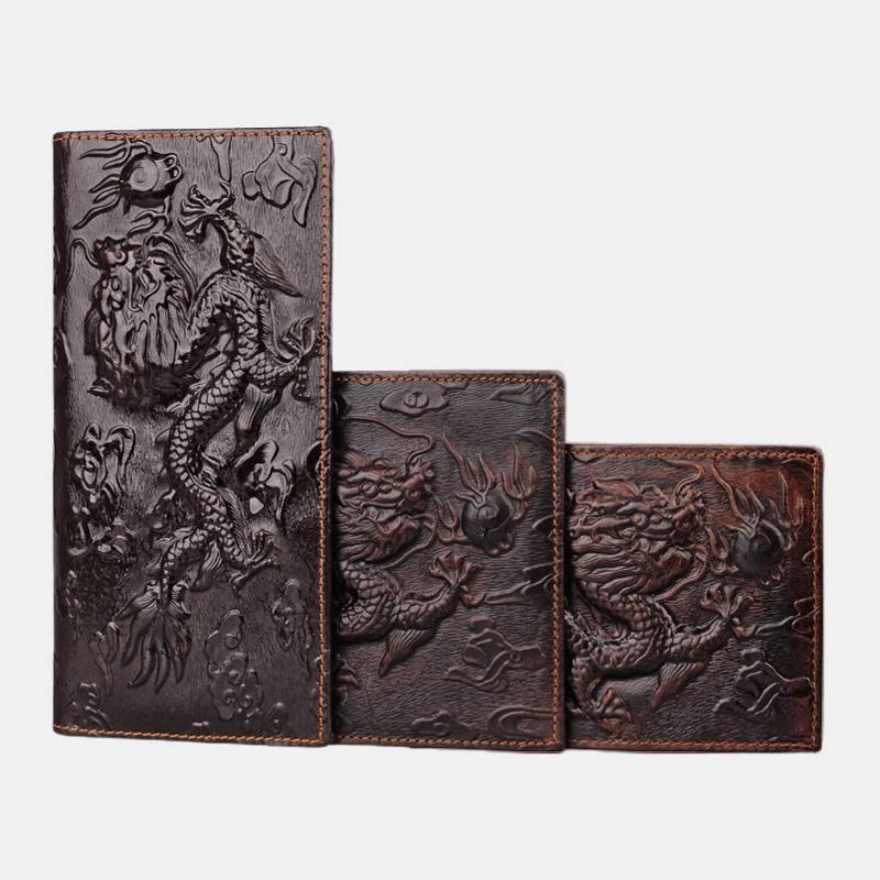 Men Genuine Leather 3D Dragon Pattern Retro Business Multi-Slot Card Holder Wallet - MRSLM