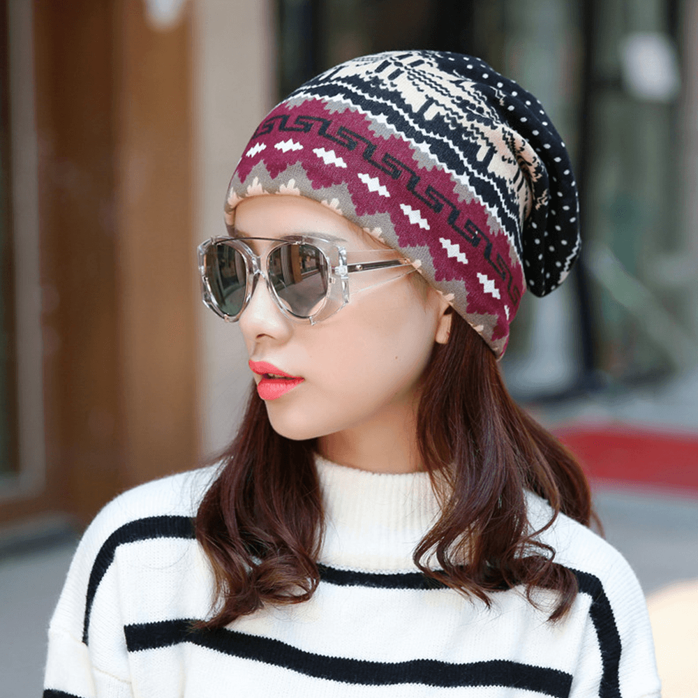 Women Cashmere Dual-Purpose Ethnic Style Pattern Contrast Color Keep Warm Outdoor Beanie Turban Scarf - MRSLM