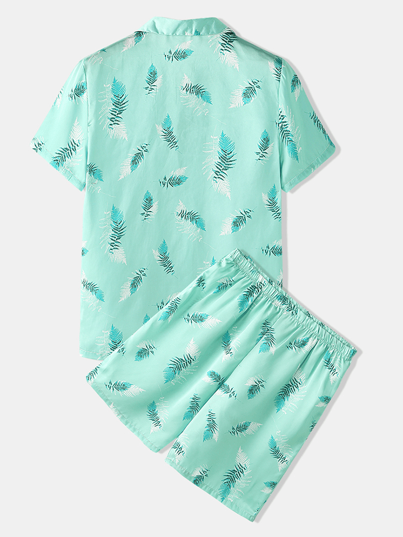 Mens Leaves Print Sleepwear Revere Collar Short Sleeve Home Pajama Set - MRSLM