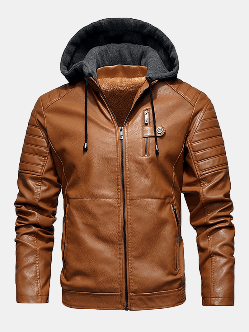 Mens PU Leather plus Velvet Zip Front Thicken Hooded Jackets with Zipped Welt Pockets - MRSLM