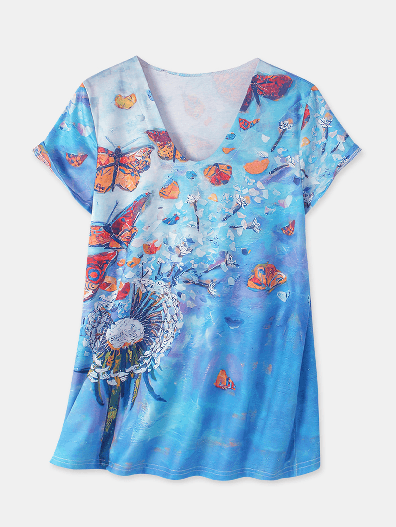 Women All over Butterfly Print V-Neck Casual Short Sleeve T-Shirts - MRSLM