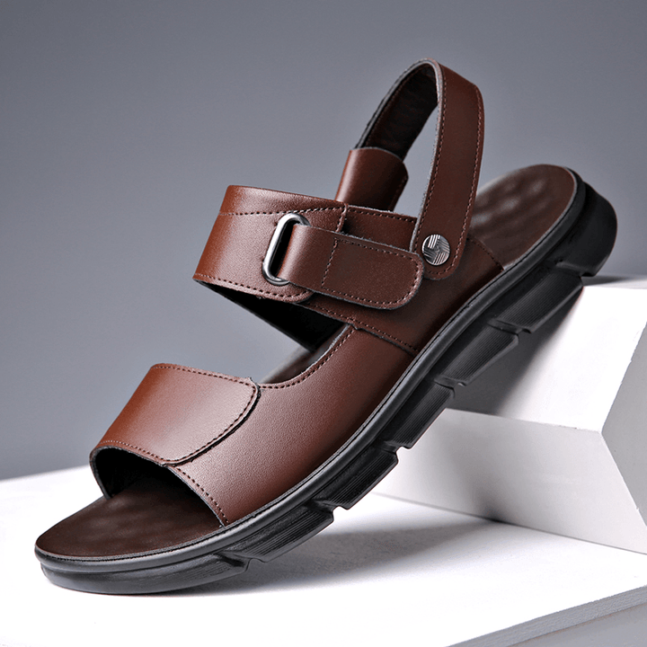 Men Cowhide Breathable Soft Bottom Non Slip Opened Two-Ways Beach Casual Sandals - MRSLM
