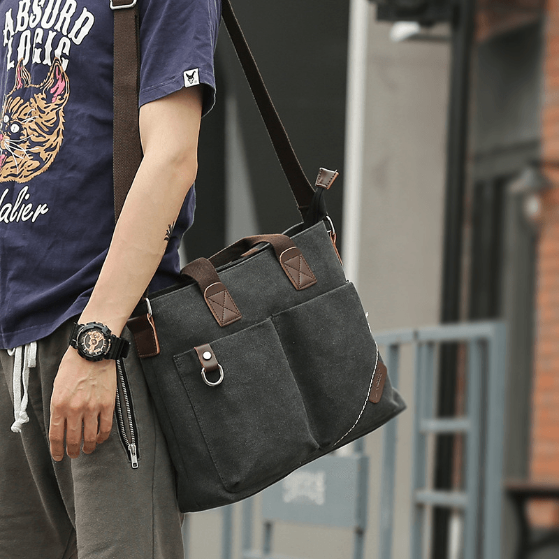 Men Canvas Multi-Pocket Wear-Resistant Crossbody Bags Retro Casual Large Capacity Zipper Shoulder Bag Handbag - MRSLM