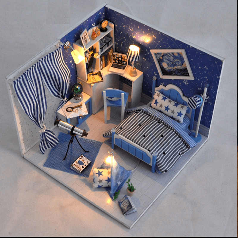 Wooden DIY Handmade Assembly Doll House with LED Lighs Dust Cover for Kids Gift Collection Home Display - MRSLM