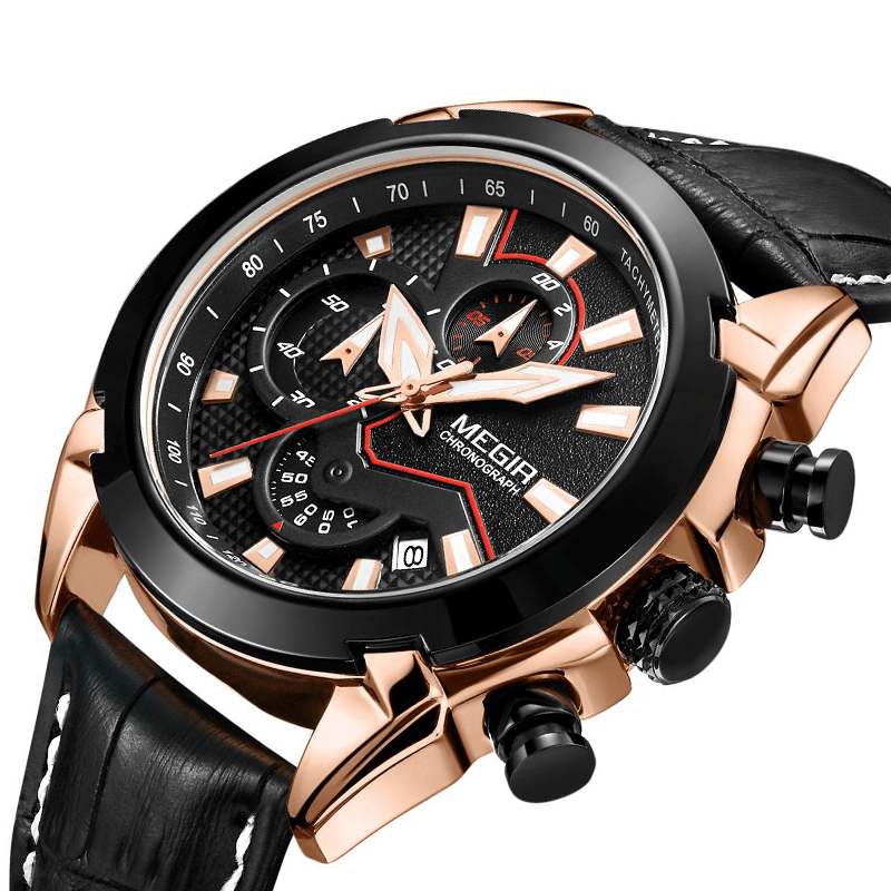 MEGIR 2065 Sport Watches Creative Chronograph Quartz Leather Strap Men Watch - MRSLM