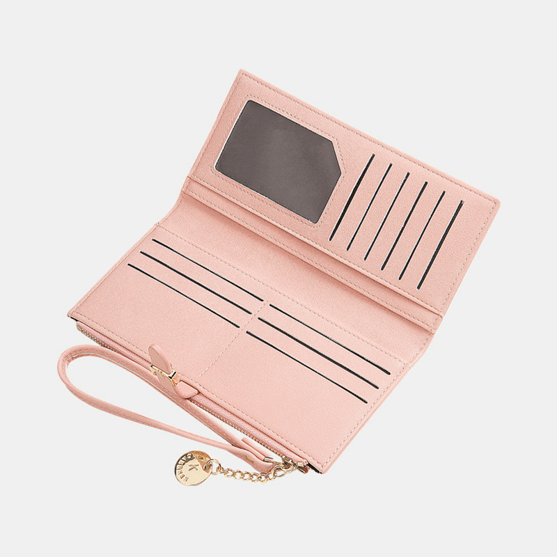 Women PU Leather Thin Solid Color Bifold Long Purse Card Holder Wallet - MRSLM