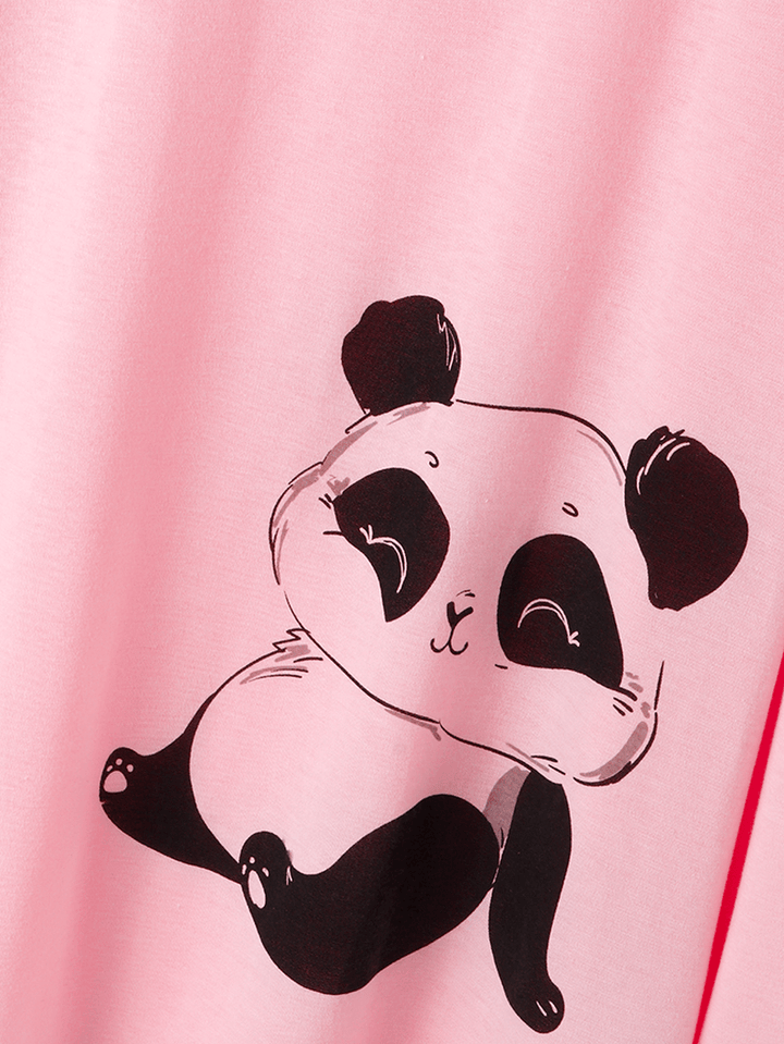 Women Cute Panda Print O-Neck Striped Pants Two-Piece plus Size Lounge Home Pajamas Sets - MRSLM