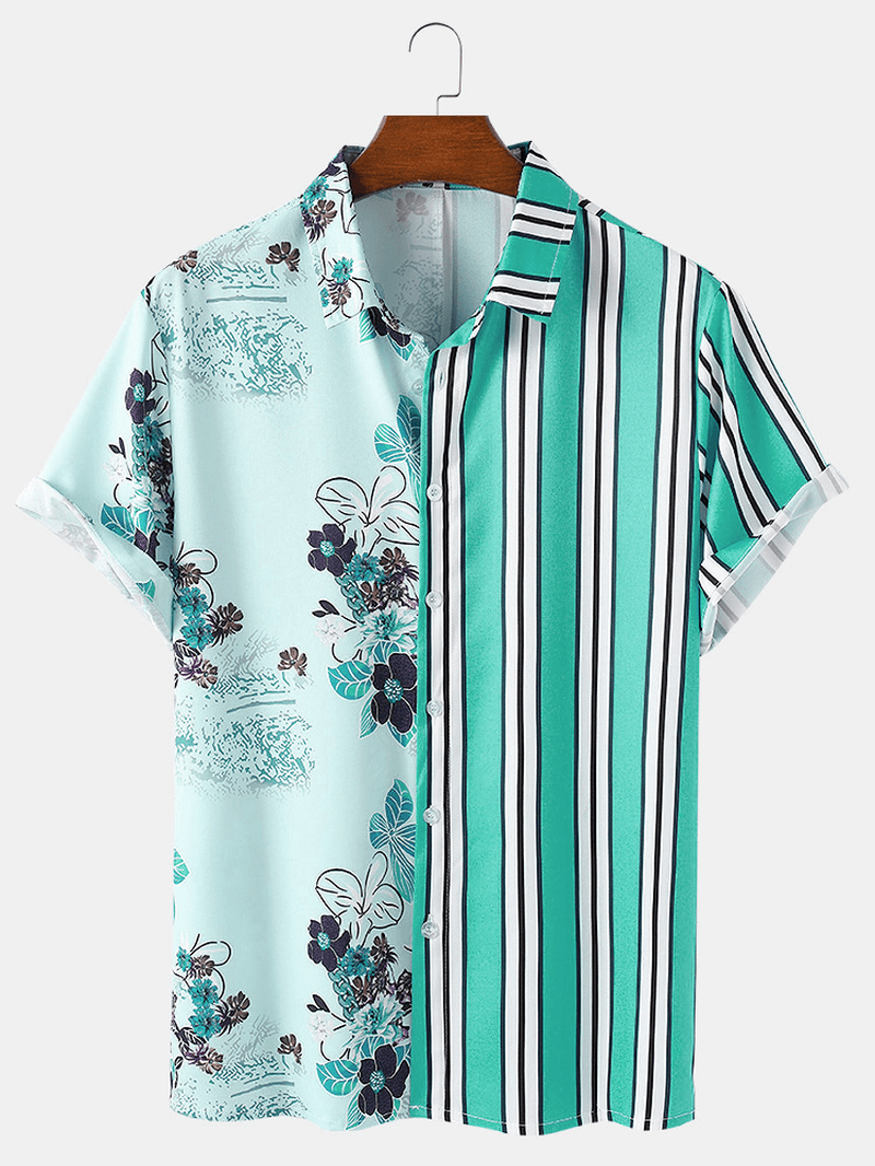 Men Tropical Plants Colorful Stripe Mixed Print Short Sleeve Casual Holiday Shirts - MRSLM