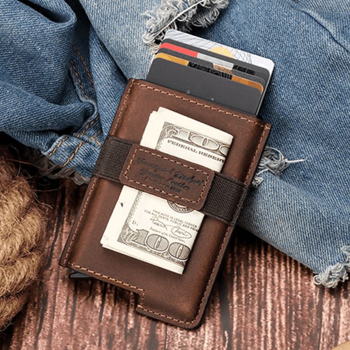 Men Open RFID Anti-Magnetic Wallets Retro Multi-Card Slot Card Holder Multifunction Genuine Leather Money Clip - MRSLM