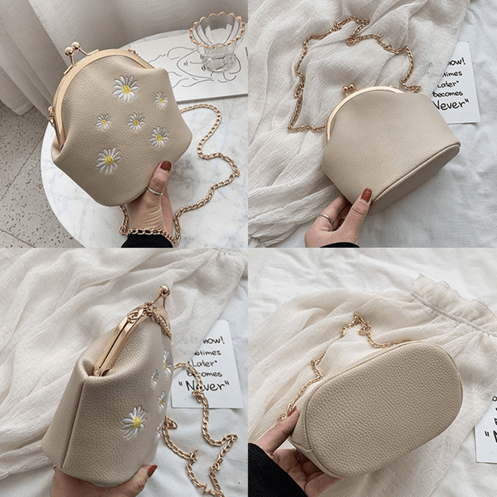 Women Daisy Embroidery Chains Hasp Crossbody Bag Shoulder Bag - MRSLM