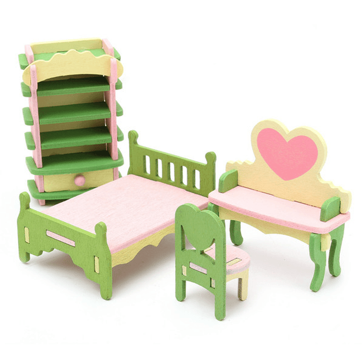4 Sets of Delicate Wood Dollhouse Furniture Kits for Doll House Miniature - MRSLM